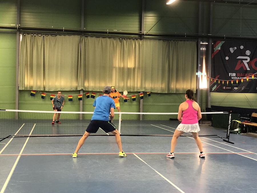 Doubles action at an international pickleball tournament